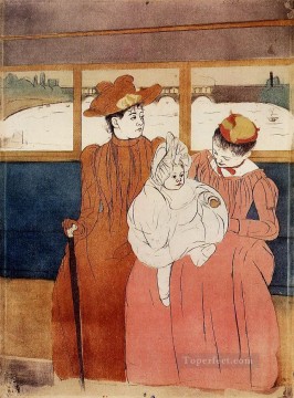 橋を渡る路面電車の内部 母親の子供たち メアリー・カサット Oil Paintings